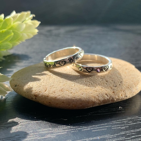 Sterling Stacking Ring Set Handstamped Hearts Topaz Amethyst Peridot Ban… - Picture 2 of 11